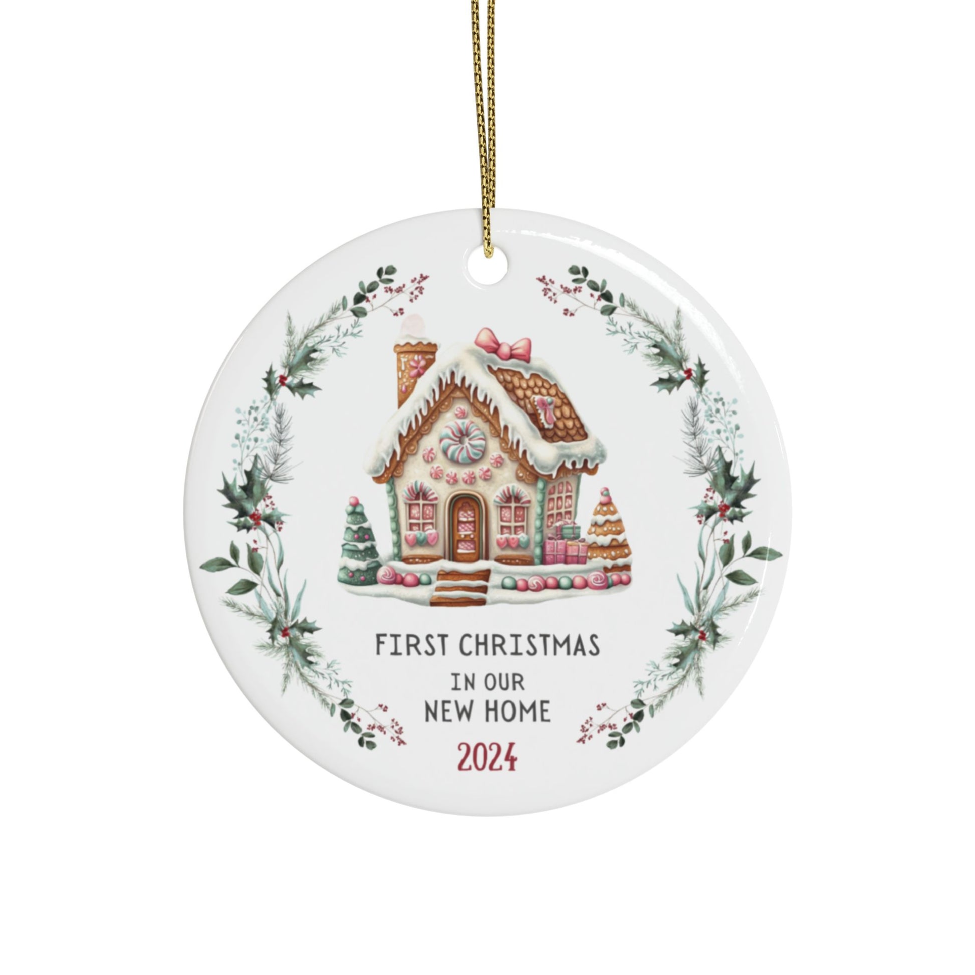 First christmas in our new home 2024 ceramic ornament gift with gingerbread house and wreath design - gift for someone who has recently moved into a new home