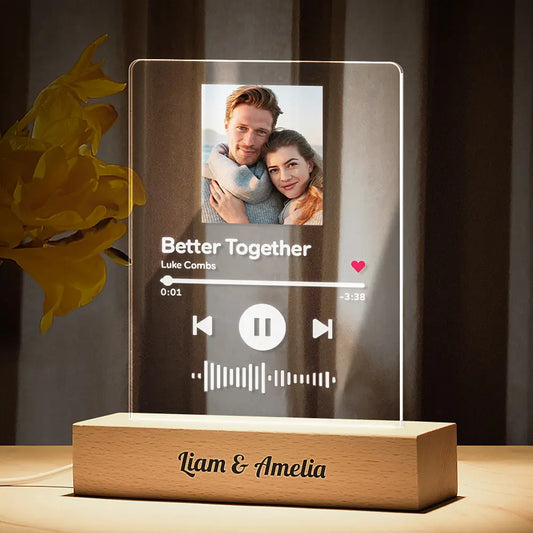 Personalised 'Photo and Scannable Song Combo' Acrylic Night Light With Engraved Wooden Base