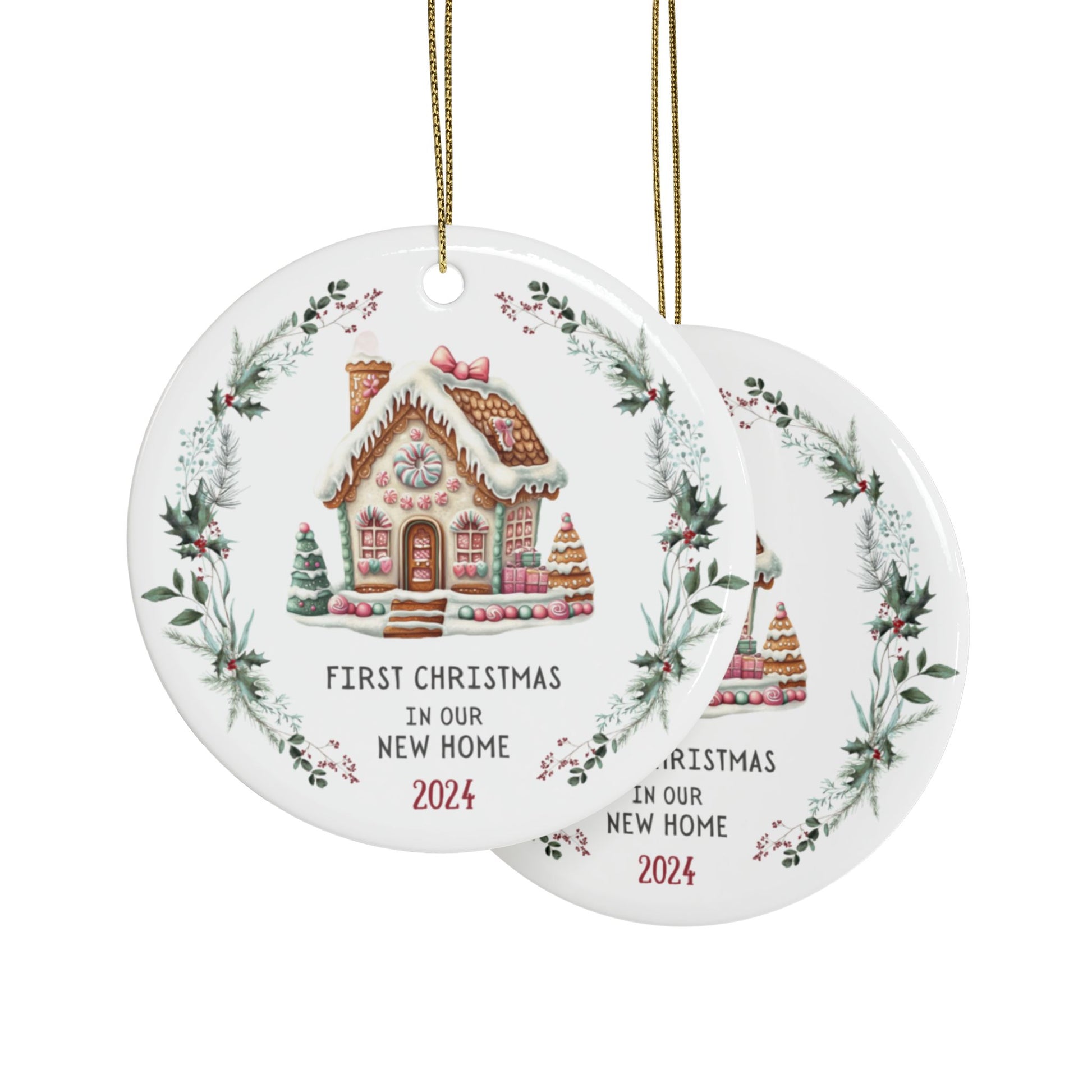 First christmas in our new home 2024 ceramic ornament gift with gingerbread house and wreath design - showing both sides - gift for someone who has moved into a new home