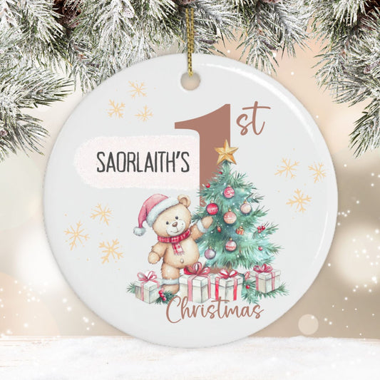personalised first Christmas ornament with cute bear and whimsical tree - hanging ceramic ornament
